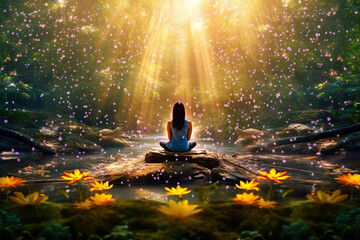 Woman practicing yoga in a lush forest. Set in the lotus position, she immerses herself in the serene ambiance as rays of golden light. Ai generated