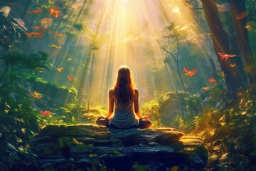 Woman practicing yoga in a lush forest. Set in the lotus position, she immerses herself in the serene ambiance as rays of golden light. Ai generated