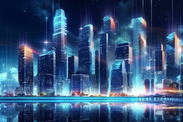 Futuristic city skyline at night. Skyscrapers pierce the sky, casting their vibrant glow onto a bustling metropolis below. Ai generated