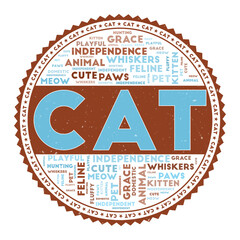 CAT word image. Cat concept with word clouds and round text. Nice colors and grunge texture. Amazing vector illustration.