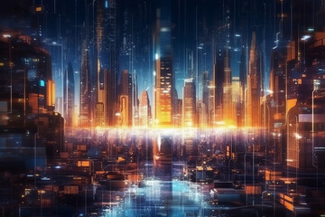 Obraz na płótnie Canvas Futuristic city skyline at night. Skyscrapers pierce the sky, casting their vibrant glow onto a bustling metropolis below. Ai generated