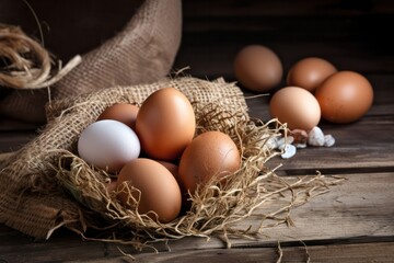 chicken eggs collected in a chicken coop on a farm lie in hay in a wicker basket. Generative AI
