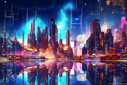 Futuristic city skyline at night. Skyscrapers pierce the sky, casting their vibrant glow onto a bustling metropolis below. Ai generated © twindesigner