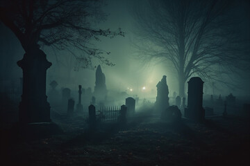 Dark graveyard at night, shrouded in thick fog and an eerie horror atmosphere. Ai generated