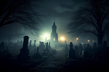 Obraz premium Dark graveyard at night, shrouded in thick fog and an eerie horror atmosphere. Ai generated
