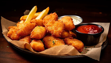 Chicken Nuggets and chips with mayo and ketchup