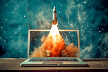 Rocket launching out of a laptop, symbolizing the power of digital innovation. Ai generated