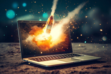 Rocket launching out of a laptop, symbolizing the power of digital innovation. Ai generated