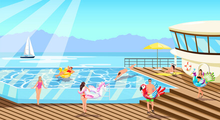Happy people enjoy in luxury cruise ship resort. Summer time vacation in swimming pool on deck ship. Young people, women, men with inflatable circle animal have fun on pool party. Vector illustration