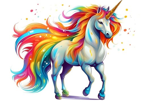 Cartoon character of a magical unicorn with a rainbow mane. AI