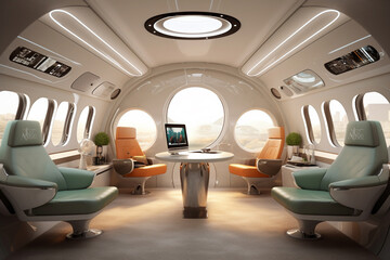 Obraz premium Private jet's futuristic modern interior, where sleek design elements meet unparalleled comfort. Ai generated