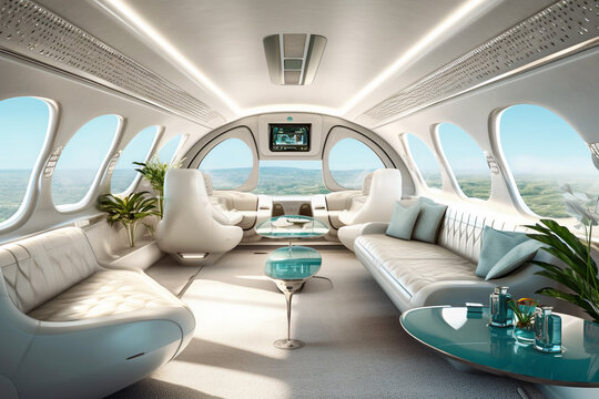 Private jet's futuristic modern interior, where sleek design elements meet unparalleled comfort. Ai generated
