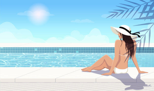 Woman in white hat relaxing in swimming pool. Pretty lady in bikini. Beautiful girl enjoy on luxury spa vacation. Summer time holiday at sea resort. Blue sky with sun background. Vector illustration