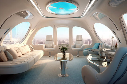 Private jet's futuristic modern interior, where sleek design elements meet unparalleled comfort. Ai generated