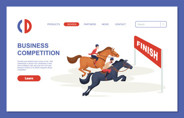 Obraz na płótnie Canvas Business competition landing. horse riders moving to finish. vector template of business web page