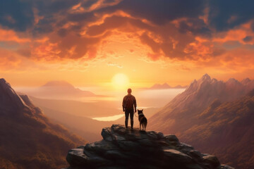 Man and his loyal dog standing on top of a mountain, bathed in the warm glow of a breathtaking sunset. Ai generated