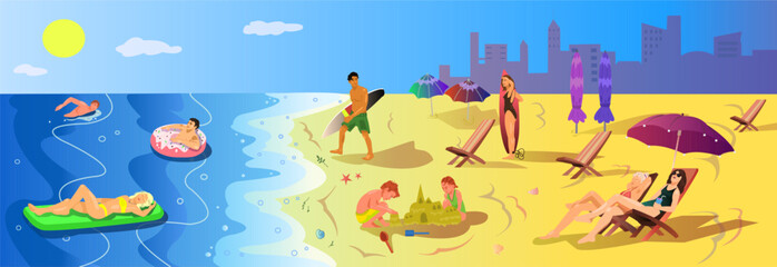 People relaxing at sandy beach in summer sea holiday. Young Men and women on travel vacation. City near ocean resort. Man and girl go to surfing with board. People swim in water. Vector illustration