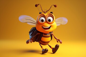Cartoon character of a busy bee with a backpack. AI