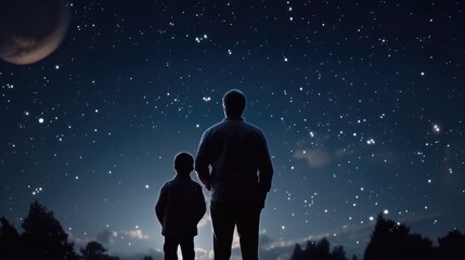 Fototapeta Dads and son look at the night sky, stars and moon, father's day, family obraz