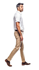 Naklejka premium Isolated handsome man wearing a white shirt and a tobacco chino trousers, walking, cutout on transparent background, ready for architectural visualisation. Generative AI 