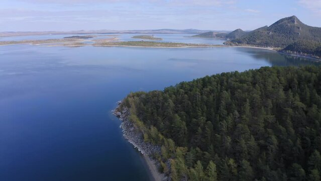 Aerial drone footage of Ulken Shabakty - Lake Great Chebachye Lake in Natonal park Burabay Borovoe , Kazakhstan