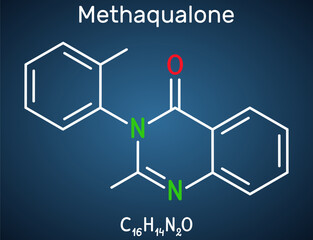 Methaqualone molecule. It is sedative, hypnotic drug, used to treat insomnia. Structural chemical formula on the dark blue background.