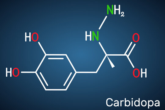 Carbidopa molecule. It is dopa decarboxylase inhibitor used for treatment of idiopathic Parkinson disease. Structural chemical formula on the dark blue background.