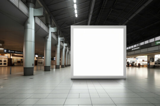 An empty blank billboard advertising poster in an airport terminal. Generative ai