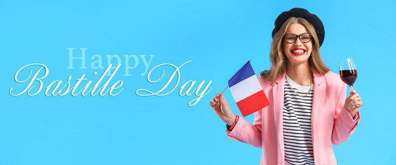 Beautiful young woman with flag of France and wine on blue background. Bastille Day celebration