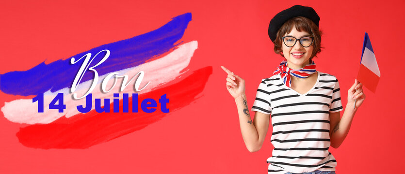 Beautiful young woman with flag of France on red background. Bastille Day celebration