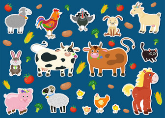 Big set of farm animals. Collection funny animals. Cute domestic kind animals in cartoon style. pig, rooster, hen, yellow chicken, horse, cow, rabbit, sheep, turkey, cat, goat. Vector illustration