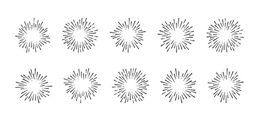 Burst line vector icon, sun ray star set, retro circle sunshine, black starburst drawn element isolated on white background. Simple round illustration