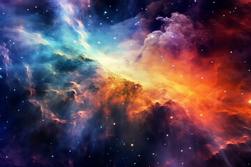 Obraz na płótnie Canvas Illustration showcasing a vibrant space nebula. Intricate gas clouds swirl and dance, creating a mesmerizing display of colors. Ai generated