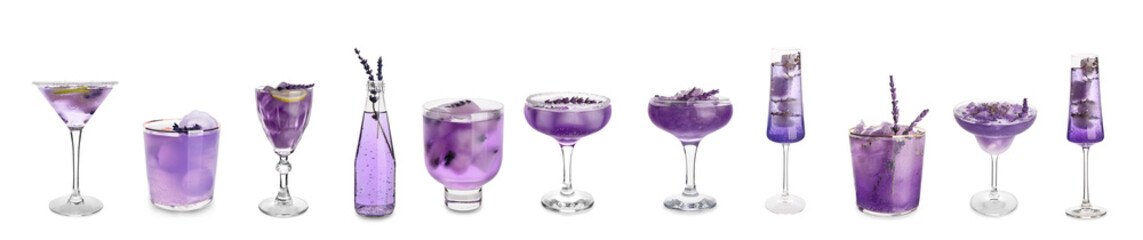 Collage of cold cocktails with lavender on white background