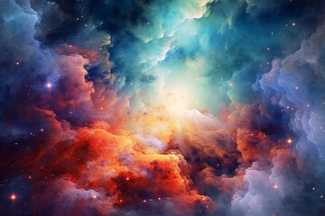 Fototapeta na wymiar Illustration showcasing a vibrant space nebula. Intricate gas clouds swirl and dance, creating a mesmerizing display of colors. Ai generated