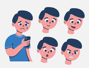 Fototapeta premium set of boy faces looking at phone