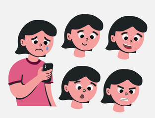 set of girl faces looking at phone