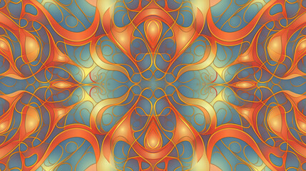 Decorative Art Nouveau-inspired pattern design in cool hues of orange, blue, and yellow, showcasing Alex Grey-influenced layered complexity, arabesque scrolls, luminous shadows.(Ai)