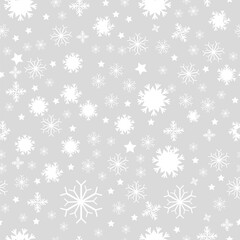 Winter seamless pattern. Texture with snowflakes and sparkles, on gray isolated background. Vector
