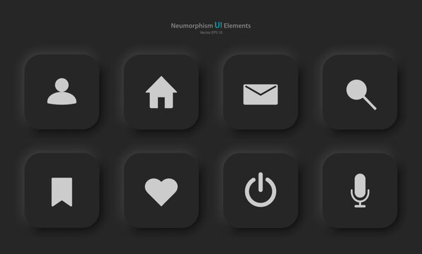 Buttons for mobile devices in the style of neumorphism, UI, UX. A set of user interface elements for a mobile application in black with gray elements. Vector illustration.