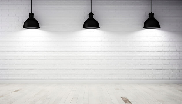 White Brick Studio Background with Three Black Lights and Wood Flooring on White Brick Wall - Generative AI