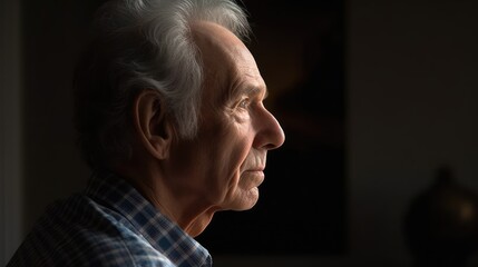 Senior Man in Profile, Deep in Thought. Generative AI
