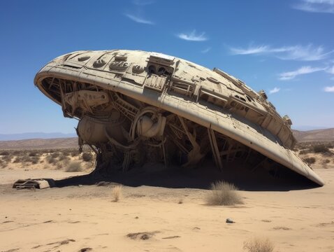 A huge alien ship crashed in the desert. AI generative.