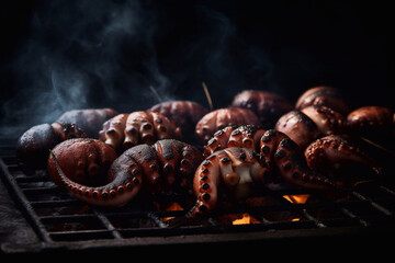 Octopuses on the grill. Grilled seafood. Smoke, fire. Cooking octopus. Generative AI.