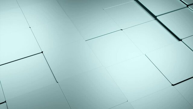3D surface with moving tiles. Design. Metal square tile moves on surface. Smooth square tile moves in waves on surface