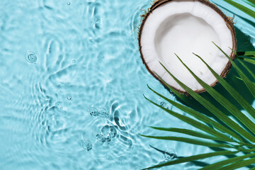 Summer background with coconuts on water background with water splashes. Creative summer background for design. Coconut cosmetics.