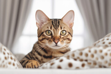 portrait of bengal cat in white room laying and looking into the camera, close up, created with Generative AI Technology