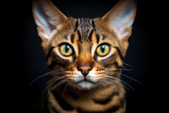 portrait of bengal cat on dark background, close up created with Generative AI Technology