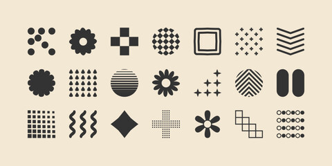Retro abstract geometric bauhaus inspired elements, Collection of symbols, shapes and objects in y2k / Brutalism bold and primitive blocks swiss style. Trendy art templates.