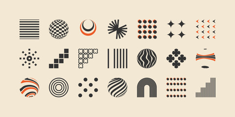 Retro abstract geometric bauhaus inspired elements, Collection of symbols, shapes and objects in y2k / Brutalism bold and primitive blocks swiss style. Trendy art templates.